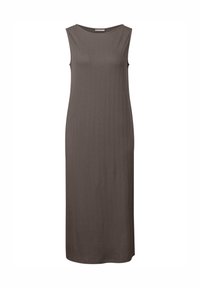 Sukienka bez rękawów, długa do ziemi, w ciemnobrązowym prążkowanym materiale. Posiada wysoki dekolt i prostą sylwetkę, oferując gładką teksturę.