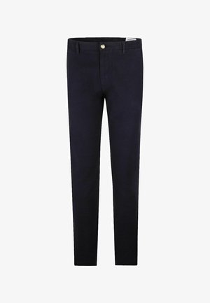 Navy blue chino pants made of cotton, featuring a straight cut, button closure, and front pockets. Smooth texture and no visible patterns.