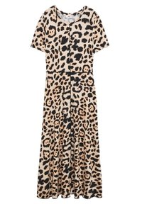 Robe maxi à imprimé léopard, manches courtes, décolleté rond, jupe évasée, couleurs noir et beige, tissu léger, détail de boutons sur le devant.