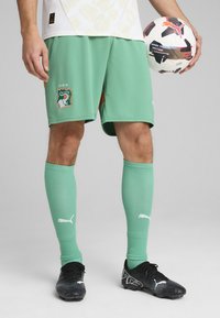 Pantalones cortos deportivos verdes con el emblema de Costa de Marfil, combinados con calcetas verdes a juego y botas de fútbol negras con acentos blancos.