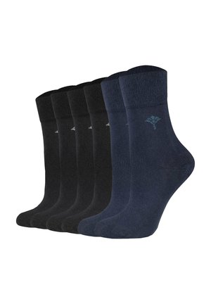 Vijf paar midkous sokken, drie zwarte en twee marineblauwe, elk met een klein logo bij de enkel, naast elkaar weergegeven.