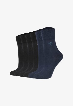 Fünf Paare mid-calf Socken, drei schwarz und zwei marineblau, jeweils mit einem kleinen Logo in der Nähe des Knöchels, nebeneinander angezeigt.