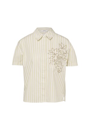Beżowa koszula z krótkim rękawem i kołnierzykiem, z pionowymi jasnżółtymi paskami oraz kwiatowym haftem na lewej kieszeni piersiowej.