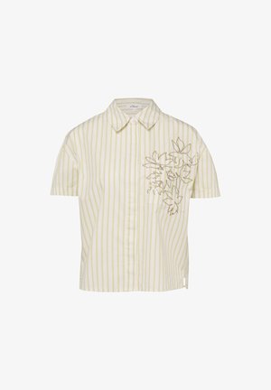 Short-sleeve, collared beige shirt with vertical light yellow stripes and floral embroidery on the left chest pocket area.