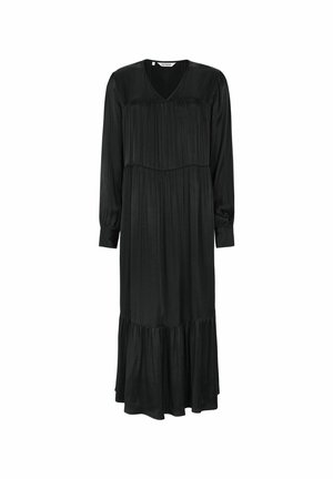 Black long-sleeve dress with a V-neck, featuring vertical pleats and a tiered hem. Made from smooth, lightweight fabric.