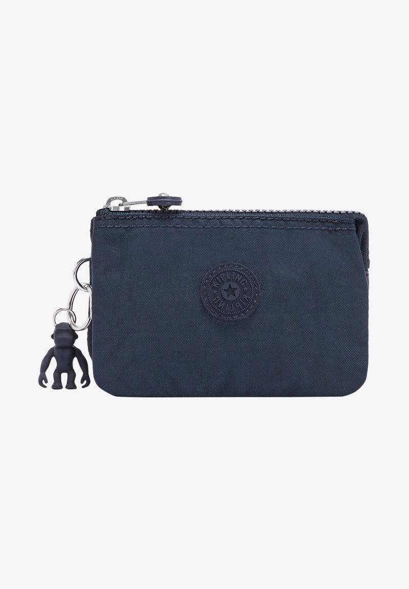 Navy nylon zip wallet with embossed logo, featuring a small monkey keychain and textured surface. Rectangular shape with a reinforced zipper.