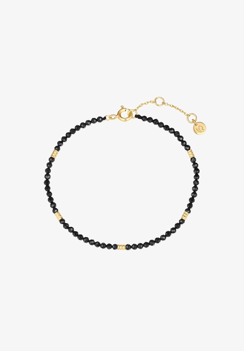 Juodas karoliukų apyrankė su facetuotais karoliukais, pertraukiama auksinėmis detalėmis ir auksiniu užsegimu, su reguliuojama grandinėle gale.