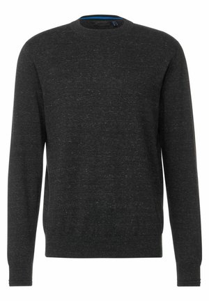 Donkergrijze trui met ronde hals, gemaakt van gestructureerd gebreid materiaal. Voorzien van lange mouwen en een geribde zoom met een blauwe accentkleur bij de halslijn.