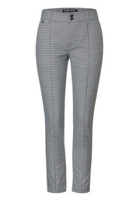 Kalhoty v černobílé kostkované vzoru, navrženy v přiléhavém střihu, s knoflíkovým zapínáním a poutky na opasek.