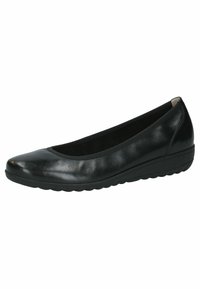 Black leather ballet flat with a rounded toe, textured upper, and rubber sole featuring a low wedge and cushioning for comfort.