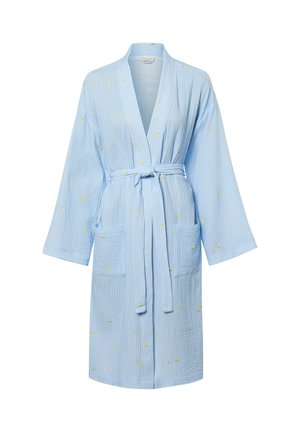 Jasnoniebieski bawełniany szlafrok o fakturowanej tkaninie, z żółtymi haftowanymi kropkami, długimi rękawami, dwoma przednimi kieszeniami i wiązanym paskiem w talii.