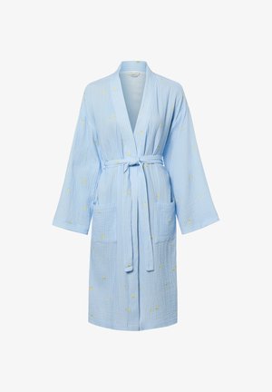 Hellblauer Baumwollmantel mit strukturierter Oberfläche, gelben gestickten Punkten, langen Ärmeln, zwei Vorderentaschen und einem gebundenen Taillengürtel.