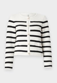 Stripete cardigan i krem og svart, strikket tekstur, rund hals, frontslå med dekorative knapper, to frontlommer.