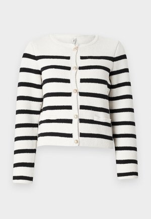 Ribaseline kahvatu ja must kardigan, kootud tekstuur, ümar kaelus, esine nööpidega sulgemine, dekoratiivsete nööpidega, kaks esist taskut.