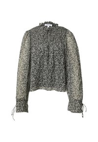 Zwart-wit bloemenprint blouse met een hoge ruches halslijn, gatherde schouders en lange transparante mouwen met strikdetails bij de manchetten.