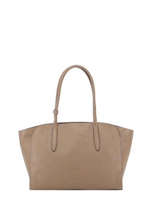 Beige leather handbag with two long handles and subtle stitching details, designed for shoulder carrying.
