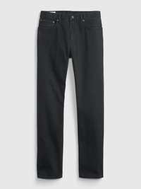 Črne jeans hlače z naravnim rezom, petimi žepi, kovinskim gumbom za zapiranje in subtilnimi šivi. Gladka textura po celotni površini.