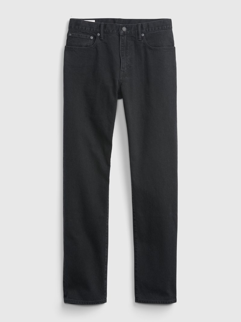 Jean en denim noir avec une coupe droite, cinq poches, fermeture à bouton en métal et détails de couture subtils. Texture lisse sur l'ensemble.
