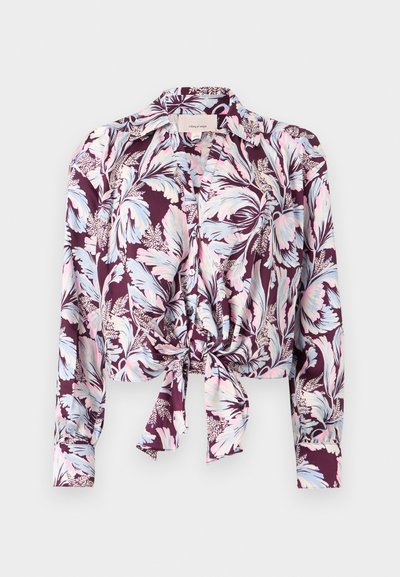 Μπλούζα με μακριά μανίκια και κουμπιά, με ροζ, μπλε και λευκό floral μοτίβο σε σκούρο μωβ φόντο, με κόμπο στο μπροστινό μέρος και γιακά.