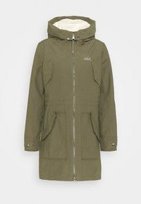 Olive green parka jacket with a zip front, side pockets, and a fleece-lined hood. Features include snap buttons on sleeves and logo detail.