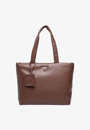 Sac cabas synthétique marron avec poignées doubles, design élégant, logo brillant, et une petite pochette zippée attachée. Texture lisse.