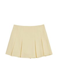 Gonna mini plissettata in tessuto giallo chiaro, caratterizzata da pieghe nette, una texture liscia e una vita attillata. Senza hardware o accenti visibili.