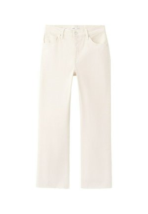 Jean blanc droit avec poches à l'avant, passants pour ceinture, fermeture par bouton, et détails d'ourlet brut.