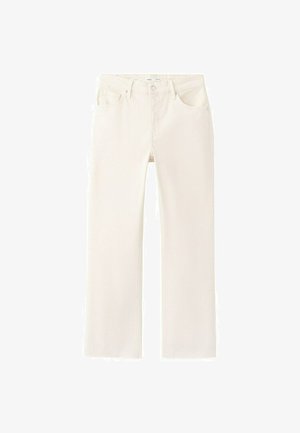 Biele džíny s priamym strihom, prednými vreckami, pútkami na opasok, zapínaním na gombík a neupraveným lemom.