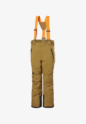 Hnědé sněhové kalhoty s oranžovými šlemi. Mají zipové kapsy, nastavitelné pasy a vyztužené černé lemy na spodní části.