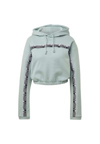 Ljust grön kortärmad hoodie i bomull, med en dragsko på huvan, långa ärmar och svarta logoband längs ärmarna och bröstet.