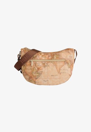 Borsa a tracolla con stampa di mappa del mondo in stile vintage, toni beige, tasca frontale con cerniera e tracolla marrone regolabile con nome del marchio in rilievo.
