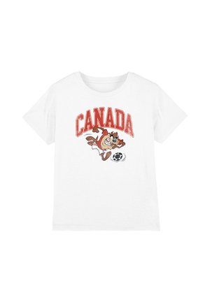 White t-shirt with "CANADA" in red letters above a cartoon character kicking a black and white soccer ball.