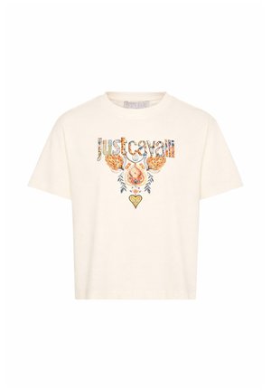 Roomkleurig T-shirt met korte mouwen met "Just Cavalli"-tekst en bloemen- en vlammenpatronen in oranje, geel en blauw in het midden van de voorkant.