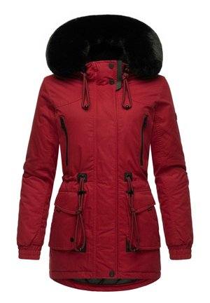 Rode parka met een faux fur-voering in de kap, koordjes in de taille, meerdere ritszakken en elastische manchetten. Glad, duurzaam materiaal.