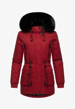 Red parka jacket featuring a faux fur-lined hood, drawstrings at waist, multiple zippered pockets, and elastic cuffs. Smooth, durable fabric.