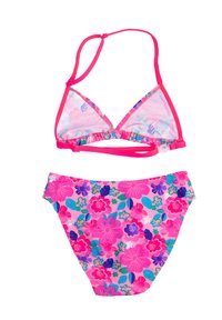 Różowy bikini w kwiaty z trójkątnym biustonoszem z przezroczystymi panelami i regulowanymi ramiączkami, w komplecie z dopasowanymi majtkami w kwiatowy wzór.