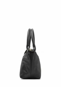 Czarna torebka na ramię z gładkiego materiału, z dwiema zaokrąglonymi rączkami, w prostokątnym kształcie i minimalistycznym designie. Brak widocznych zdobień lub wzorów.