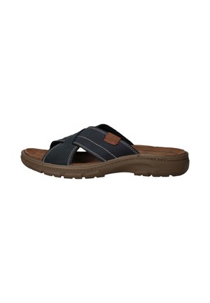 Heren slide sandaal in marineblauw synthetisch bovenmateriaal met kruislings bandjes, bruine gevoerde voetbed en gegroefde rubberen buitenzool.