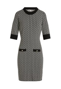 Kurzärmliges, schwarz-weiß gemustertes Kleid mit Rundhalsausschnitt, zwei vorderen Taschen mit goldenen Akzenten und taillierter Silhouette.
