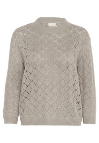 Maglione lavorato a maglia grigio chiaro con motivo a diamante, scollo e polsini a coste, e vestibilità ampia. Il tessuto dalla trama particolare aggiunge profondità.