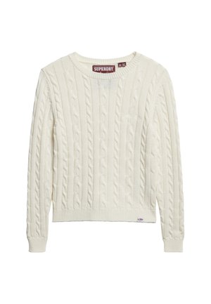 Maglione a trecce color crema con colletto rotondo, orlo e polsini a costine. Presenta un branding sottile sul lato inferiore e un motivo texturizzato su tutta la superficie.
