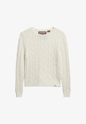 Suéter de punto trenzado en crema con cuello redondo, dobladillo acanalado y puños. Presenta un sutil logotipo en la parte inferior y un patrón texturizado en todo el suéter.