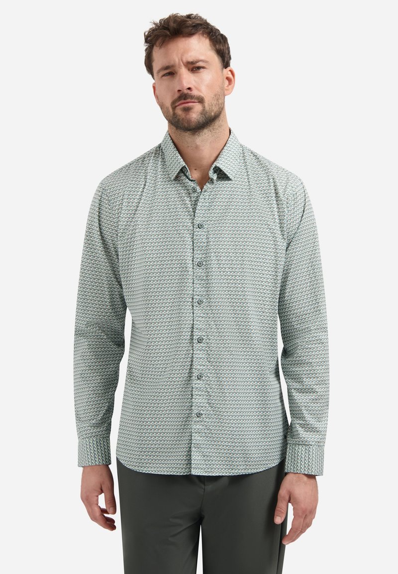 Heren overhemd met lange mouwen in lichtgroen met een patterndesign. Voorzien van een knoopsluiting aan de voorkant en een klassieke kraag. Zachte stoffen textuur.