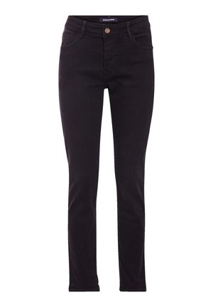 Czarne dżinsy wykonane z elastycznego denimu, z dopasowanym krojem, zapięciem na guzik, pięcioma kieszeniami i przednimi detalami w postaci szwów.