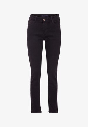 Schwarze Jeans aus einem dehnbaren Denim-Material, mit schlankem Schnitt, Knopfverschluss, fünf Taschen und detaillierter Vordernaht.