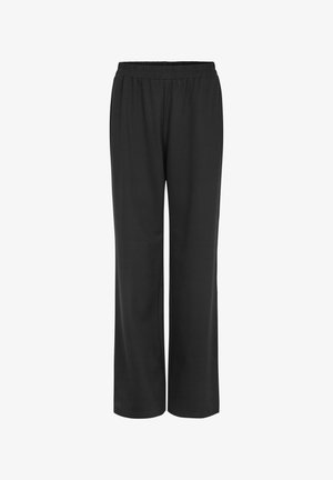 Pantaloni negri, cu croi larg, dintr-un material moale și elastic. Caracteristici un tiv elastic pentru confort și o textură fină. Fără buzunare sau model.
