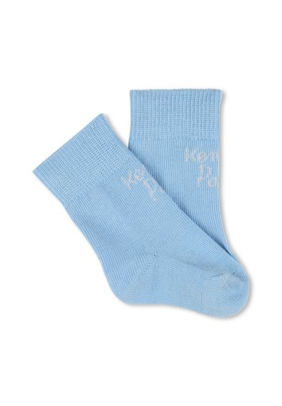 Chaussettes en coton bleu clair avec des bords côtelés, arborant le texte "Gardez-le ludique" en blanc. Texture douce, longueur standard et sans motifs visibles.