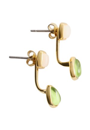 Boucles d’oreilles créoles en or avec des clous en perle en haut et des pierres précieuses vertes en forme de goutte suspendues en dessous, photographiées sur fond blanc.