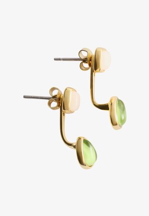 Gold hoop earrings with pearl studs at the top and green teardrop-shaped gemstones hanging below, photographed on a white background.