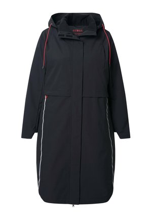 Schwarze wasserdichte Jacke mit Kapuze, ausgestattet mit roten Kordeln, grauen Seitenstreifen und frontalen Taschen. Glatte Textur und lässige Passform.